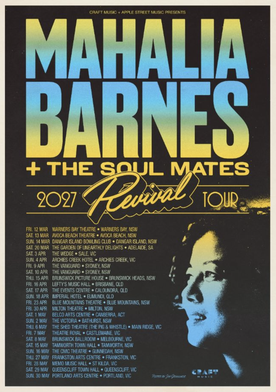 Mahalia Barnes + The Soul Mates 2027 Revival Tour poster featuring Australian concert dates and venues.
